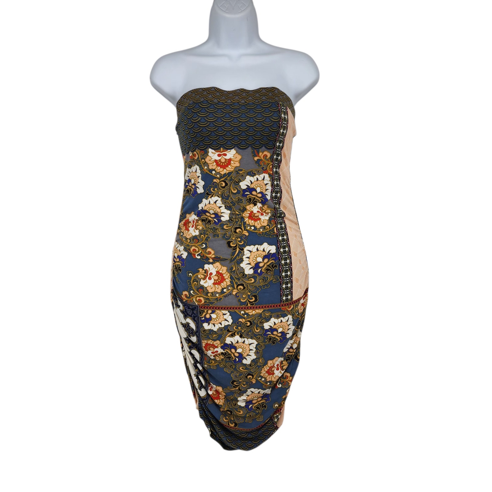 Hale Bob Blue Patchwork Floral Print Strapless Ruched Bodycon Tube Dress Size M